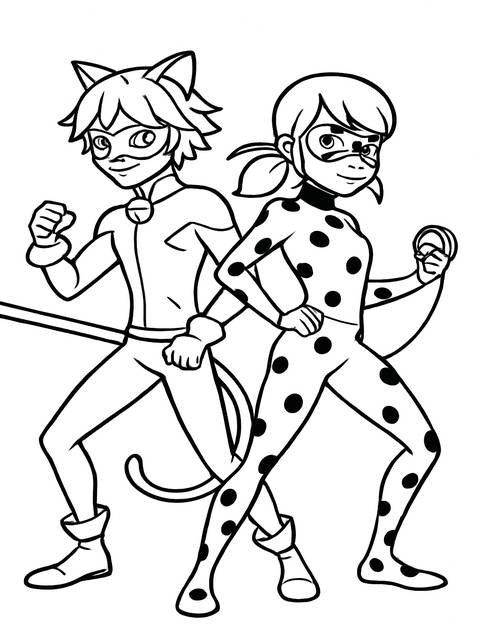 Cat noir and ladybug coloring page, ready for color, from miraculous