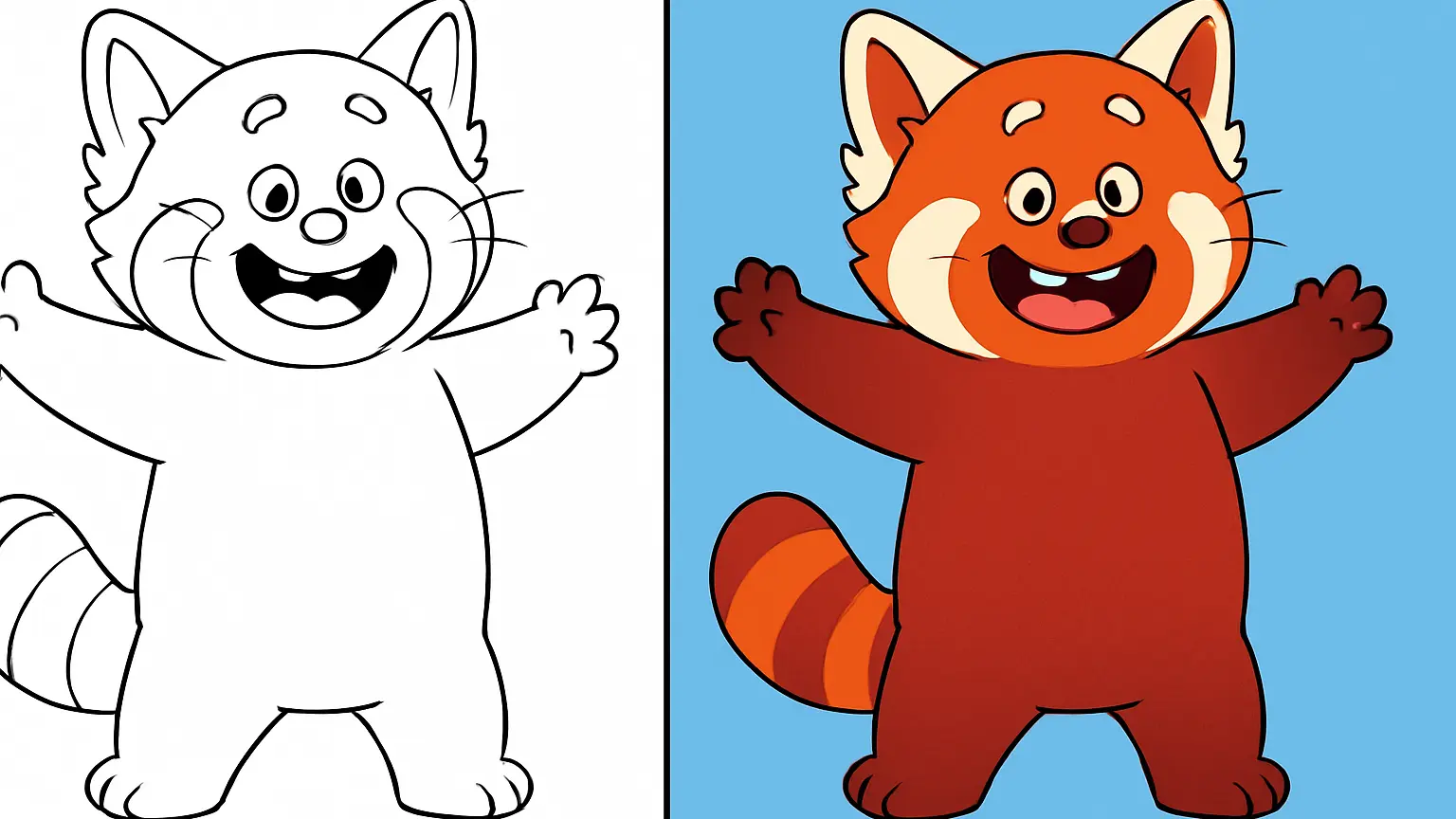 Turning red coloring page featuring a smiling red panda with open arms