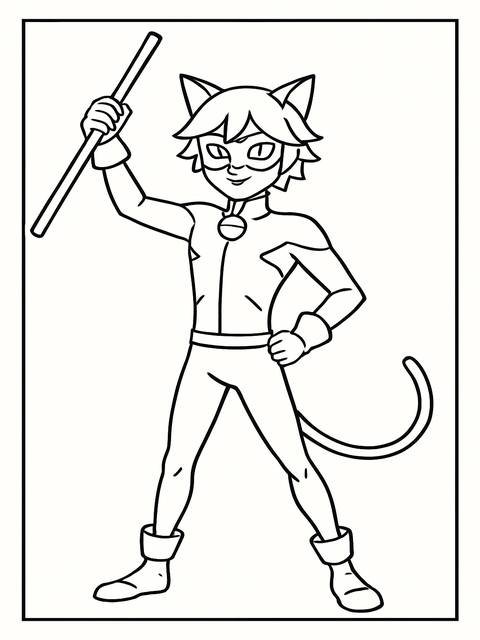 Coloring page of cat noir holding a staff, ready for action
