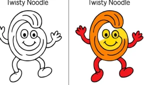 Twisty noodle coloring page featuring a smiling, animated noodle character with arms and legs