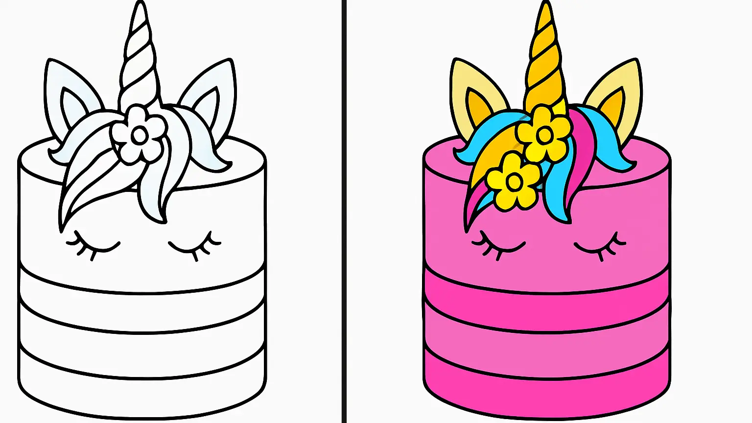 Unicorn cake coloring page, featuring a decorated cake with closed eyes