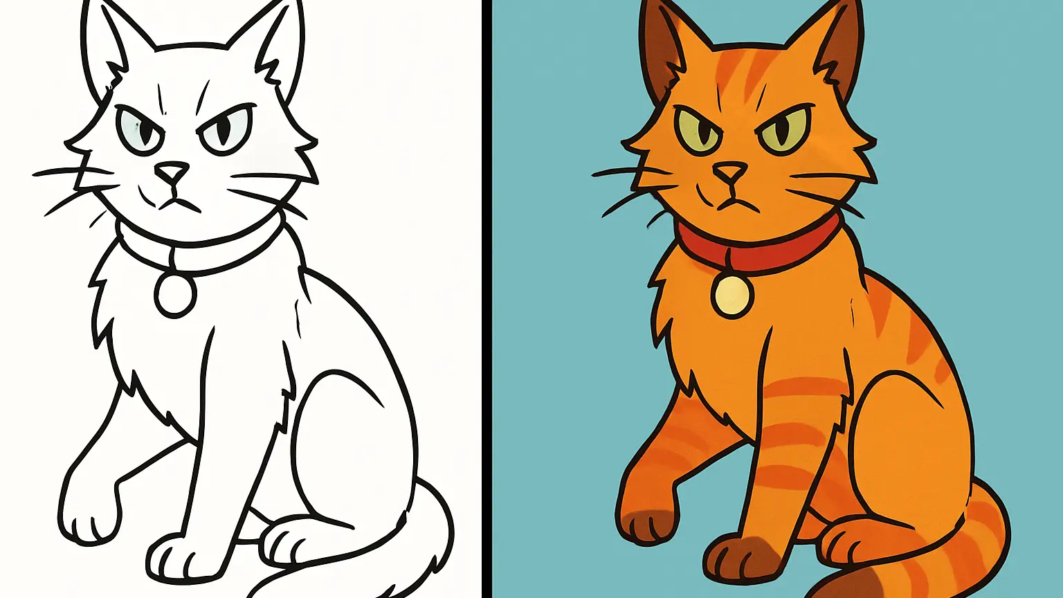 Warrior cat coloring page featuring a grumpy orange tabby cat with a collar