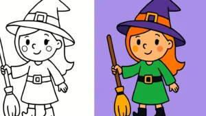 Witchy coloring page featuring a cartoon witch with a hat and broom