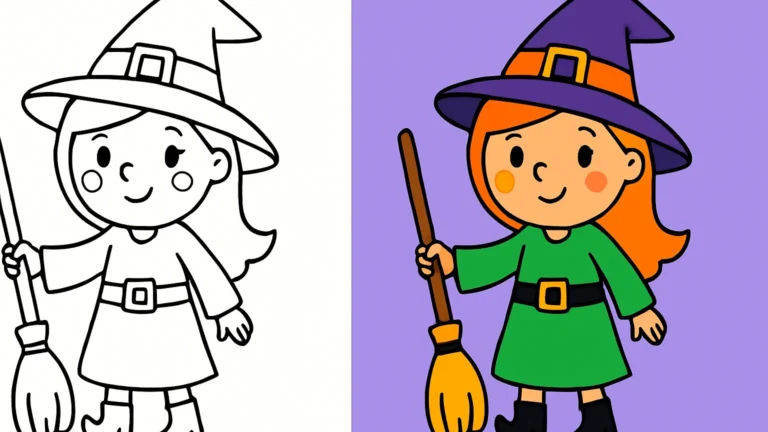 Witchy coloring page featuring a cartoon witch with a hat and broom
