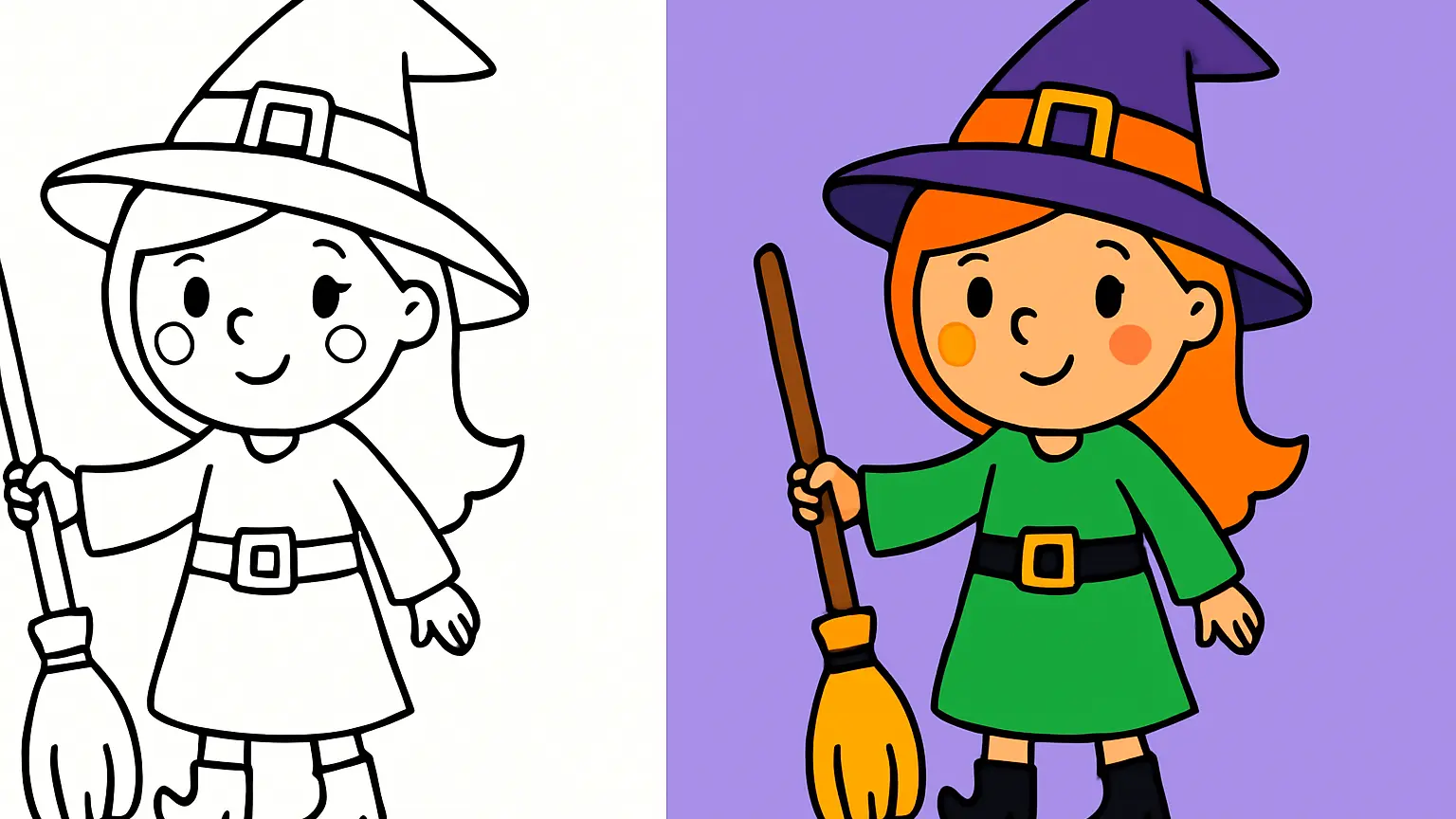 Witchy coloring page featuring a cartoon witch with a hat and broom