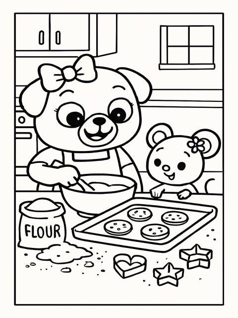 Coloring page featuring chip and potato characters baking cookies in a kitchen scene
