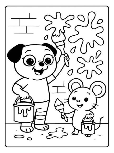 Coloring page featuring chip and potato painting with brushes and paint buckets