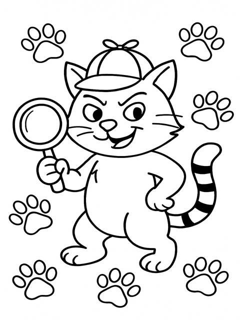 Cartoon coloring page of a cat detective with a magnifying glass and paw prints