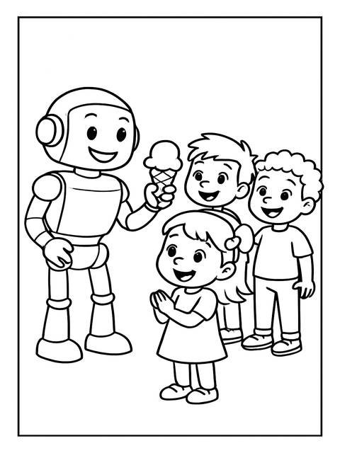 Cartoon coloring page of a robot offering ice cream to children