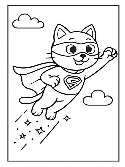 Cartoon coloring page of a superhero cat flying with cape and mask
