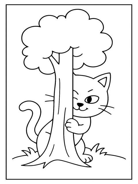 Cartoon coloring page of a cat peeking from behind a tree in a cool2bkids style