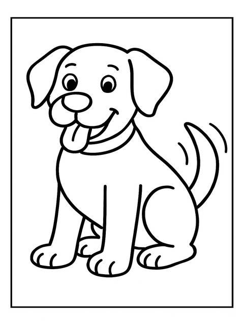 Coloring page of a simple, happy dog with its tongue out and tail wagging