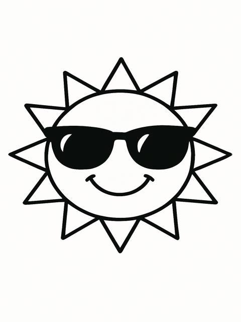 Coloring page of a smiling sun wearing sunglasses; a simple, fun design