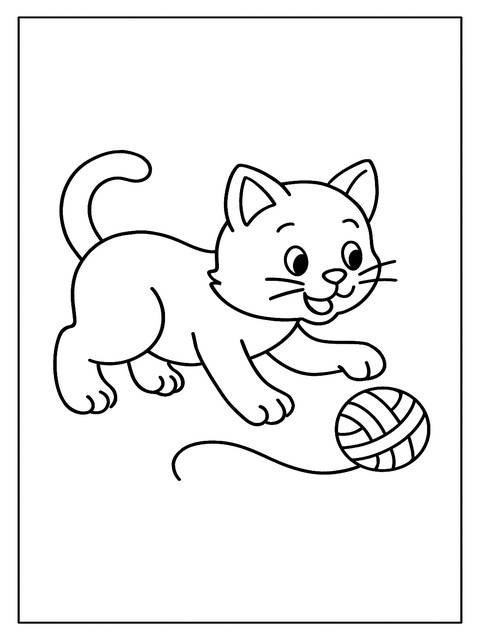 Coloring page of a playful kitten reaching for a ball of yarn