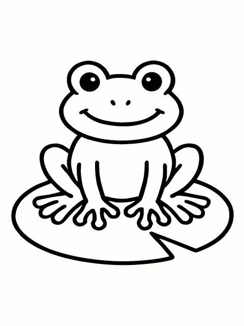 A simple coloring page of a smiling frog sitting on a lily pad
