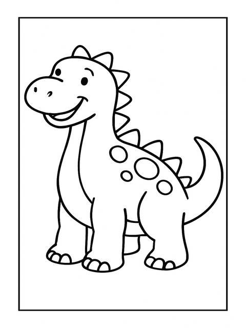 Coloring page of a friendly dinosaur with spots and a happy expression