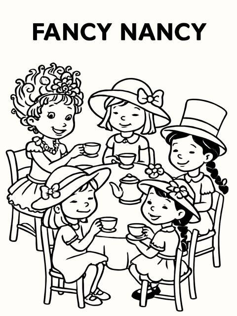 Fancy nancy coloring page depicting girls at a tea party, enjoying tea and conversation