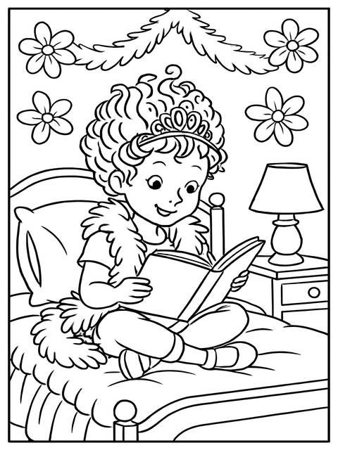 Coloring page of fancy nancy reading a book, surrounded by flowers and a lamp