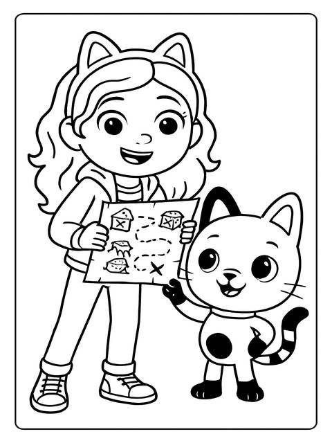 Gabby from gabby's dollhouse holding a map with a cat, ready for coloring