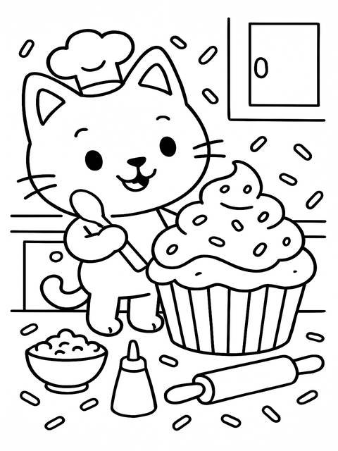 Gabby's dollhouse coloring page: a cat baker with a cupcake and sprinkles