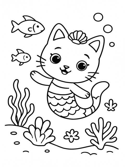 Coloring page of a gabby's dollhouse mermaid cat with fish and sea plants
