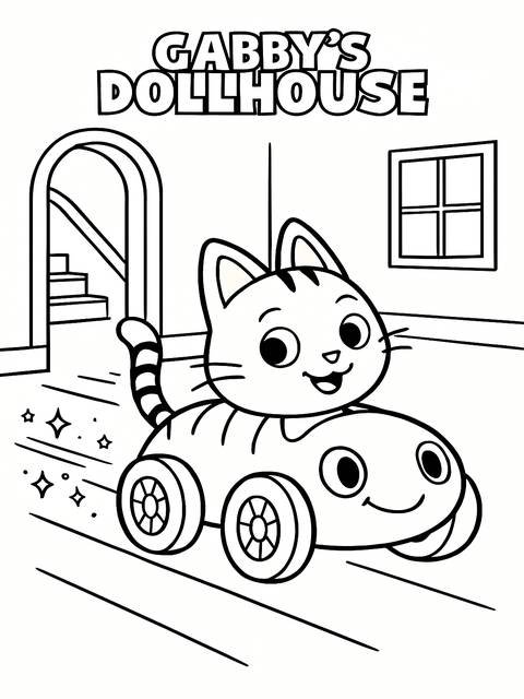Gabby's dollhouse coloring page featuring a cat driving a car with a smiling face