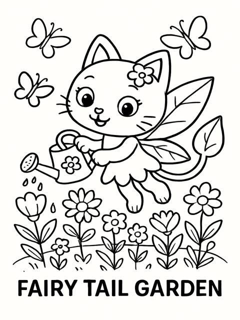 A gabby's dollhouse coloring page featuring a fairy cat watering flowers with butterflies