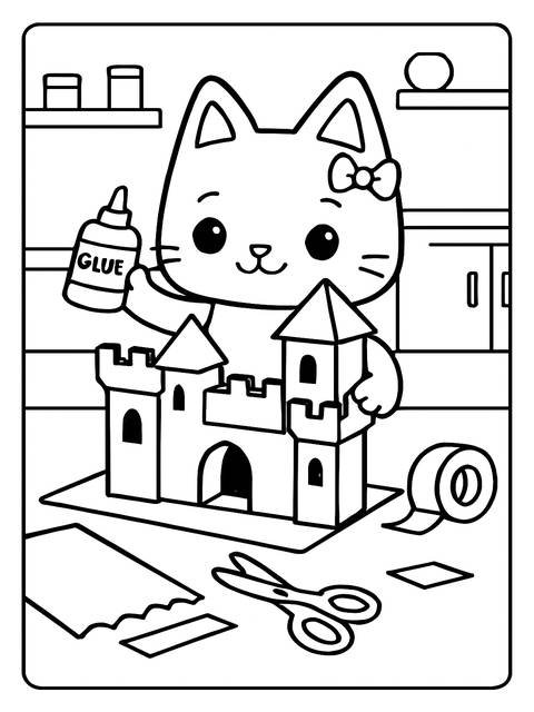 Coloring page of gabby's dollhouse cat holding glue near a castle