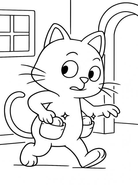 Gabby's dollhouse coloring page featuring a cat walking with pouches, ready to color