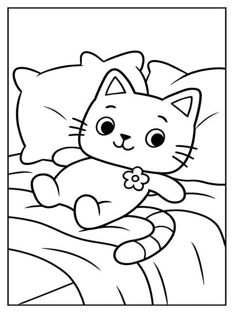 Coloring page of a cute gabby's dollhouse cat resting on pillows
