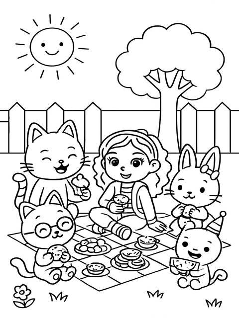Gabby's dollhouse coloring page featuring gabby, cats, and a bunny enjoying a picnic