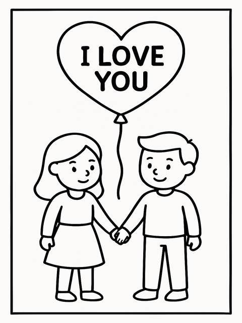 Coloring page of a couple holding hands under an 'i love you' heart balloon