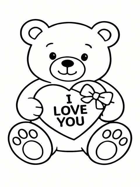 Coloring page of a teddy bear holding a heart that says 'i love you'