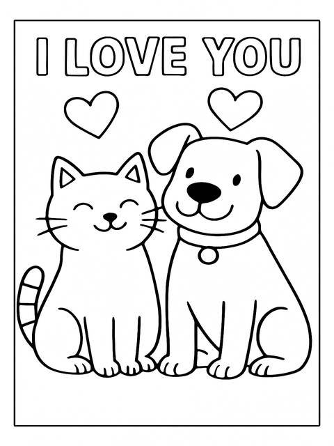 Coloring page of a cat and dog with 'i love you' and hearts