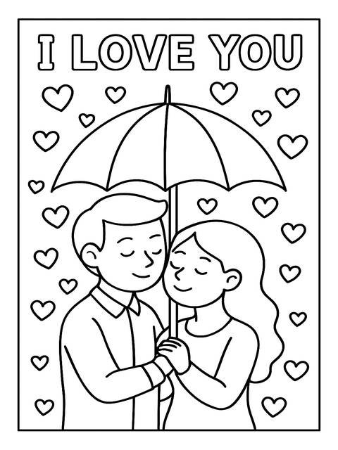 Coloring page of a couple under an umbrella, with 'i love you' text