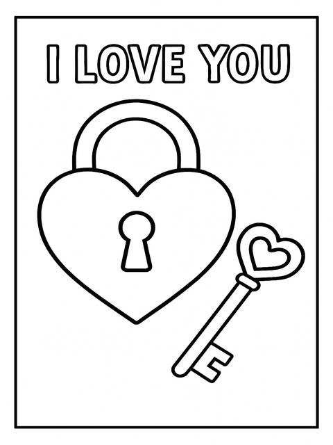 Coloring page of a heart-shaped lock and key with 'i love you' text