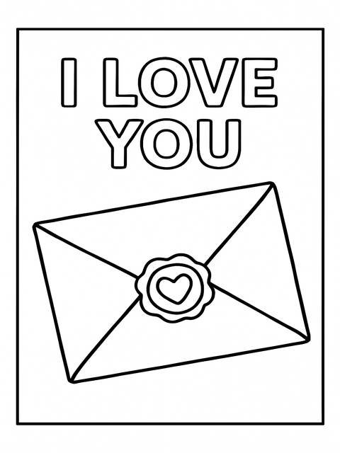 Coloring page with 'i love you' text and an envelope with a heart seal
