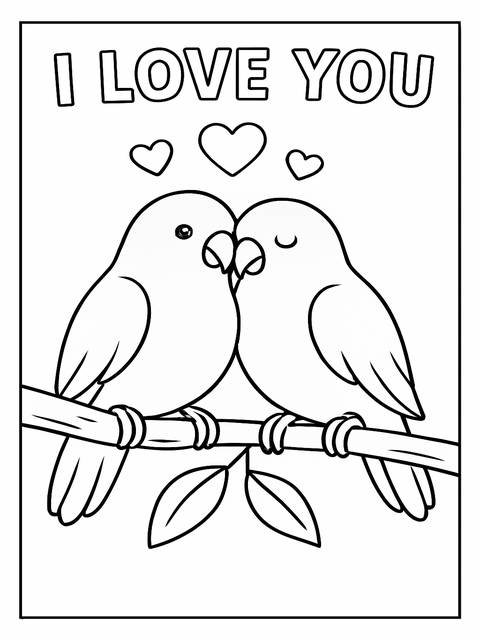 Coloring page titled 'i love you' showing two birds in love, perched on a branch