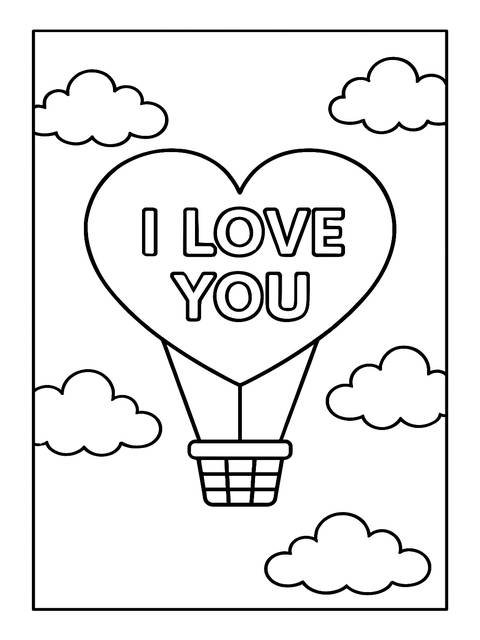 Coloring page of a heart-shaped hot air balloon with 'i love you' and clouds