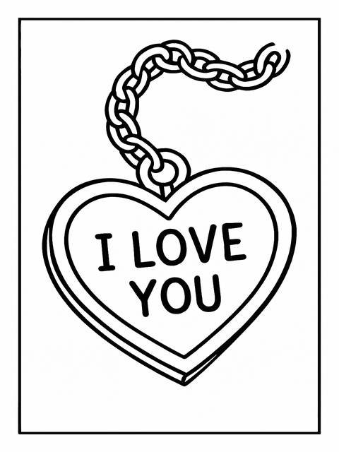 Coloring page idea: a heart pendant with 'i love you' and a chain
