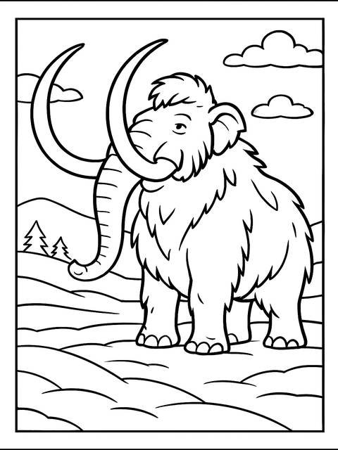 Ice age coloring page featuring a woolly mammoth with large tusks and fur
