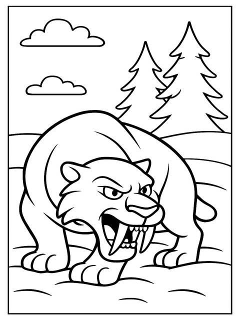 Coloring page of a saber-toothed tiger from the ice age, ready to pounce