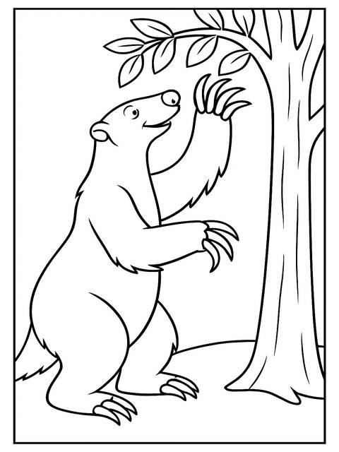 Coloring page of a sloth from ice age reaching for leaves on a tree