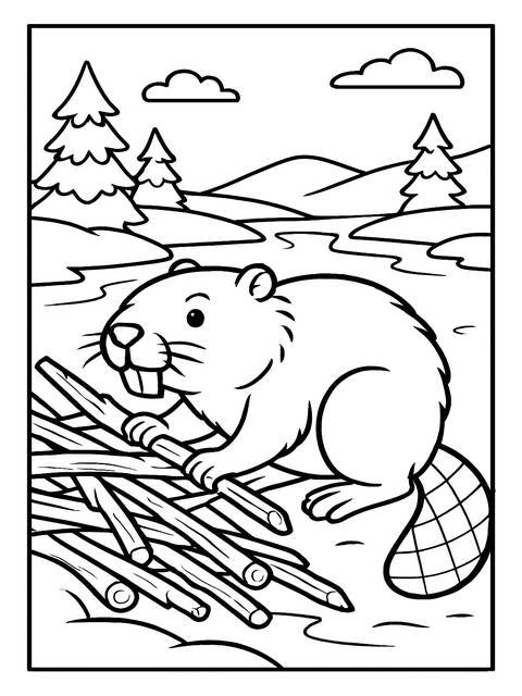 Coloring page of a beaver holding logs, set in an ice age-like landscape