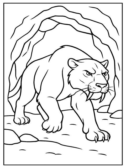 Coloring page of a saber-toothed tiger from the ice age, emerging from a cave
