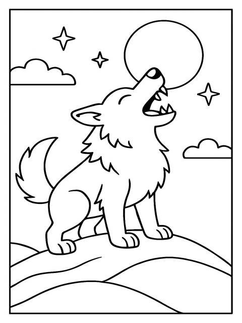 Ice age coloring page: a wolf howling at the moon under stars and clouds