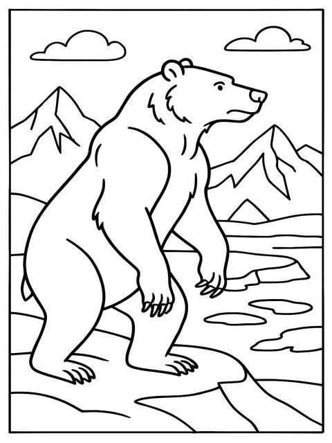 Simple black and white coloring page depicting a bear in an ice age landscape