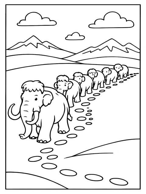 Ice age coloring page: a line of mammoths walking across a simple landscape