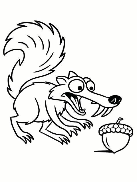Ice age coloring page featuring scrat the squirrel and an acorn