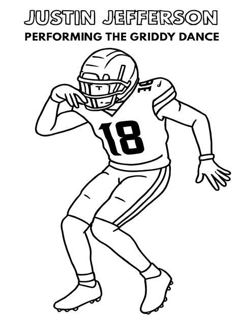 Justin jefferson coloring page depicting him performing the 'griddy' dance in football gear